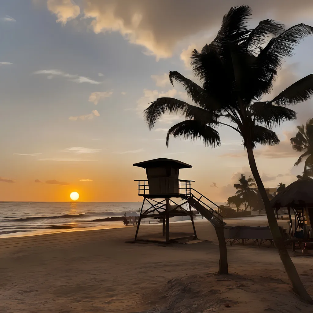 Prompt: the sun is setting over a beach with palm trees and a life guard tower in the distance, with a palm tree in the foreground, Chinwe Chukwuogo-Roy, dau-al-set, sunrise, a picture