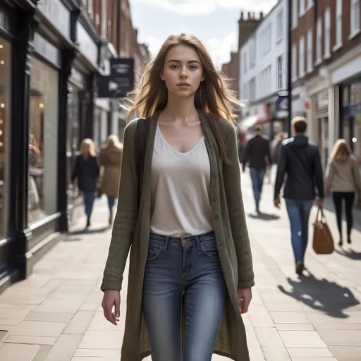 Prompt: Tall young woman walking down the high street, detailed clothing, realistic, natural lighting