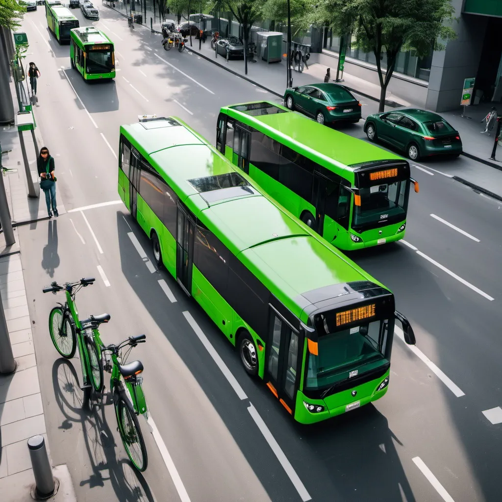 Prompt: Two green electric buses top view in urban traffic with bicycles around