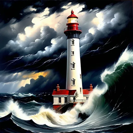 Prompt: Realistic lighthouse in storm, oil painting, crashing waves, dramatic lighting, high quality, realistic, stormy seas, detailed architecture, powerful waves, ominous clouds, traditional art style, moody lighting, intense atmosphere