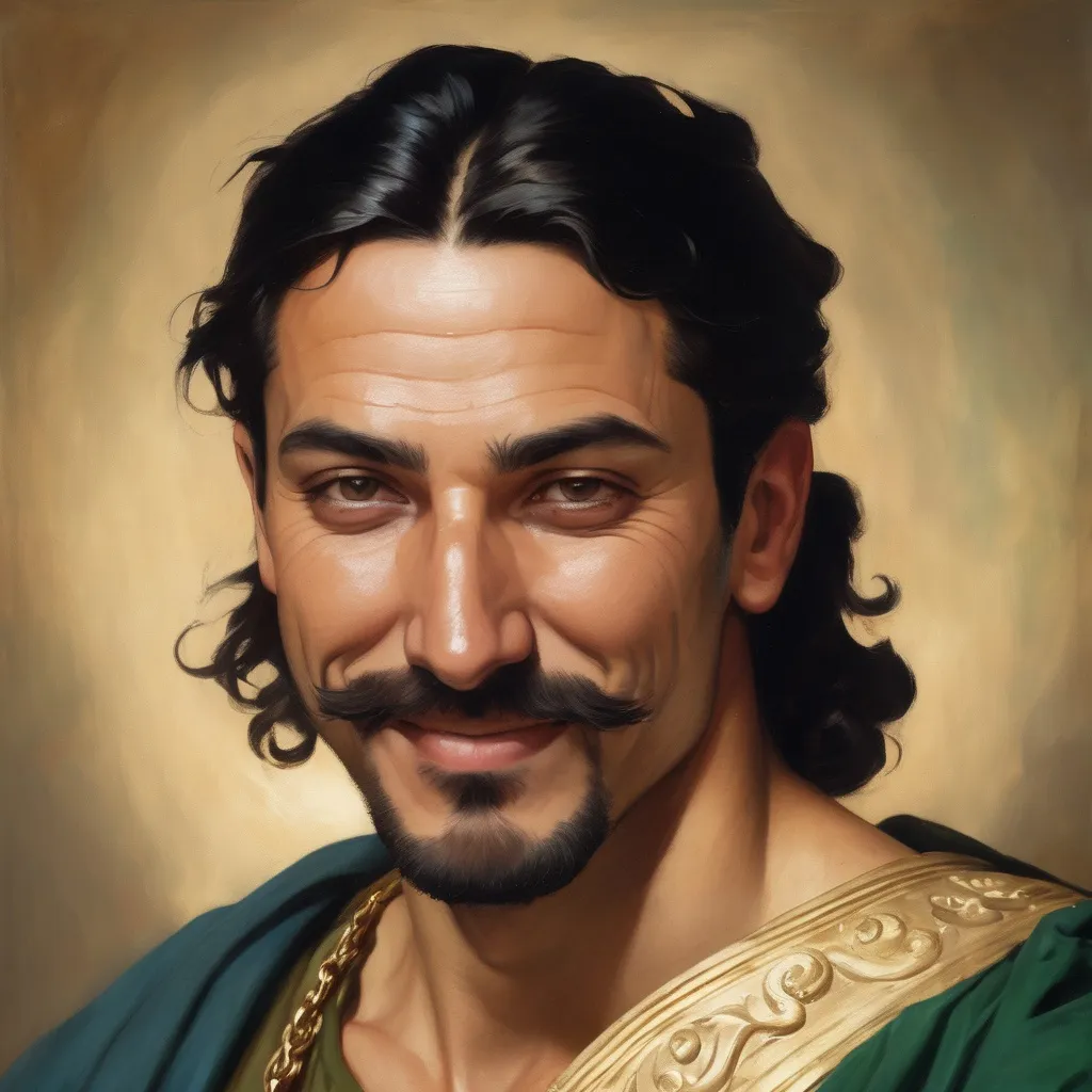 Prompt: A portrait of a smiling Greek man in his 30's with his left eye green and right eye brown. Long, wavy, black hair in a ponytail. With a goatee and a mustache. Wearing a gold chain and a tunic. 