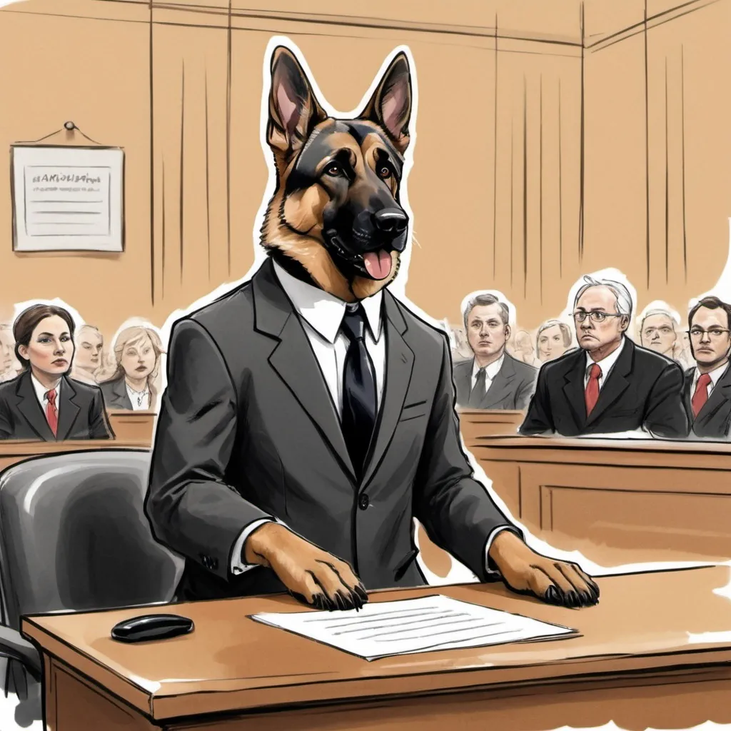 Prompt: A German Shepard in a suit being questioned in the style of a courtroom sketch