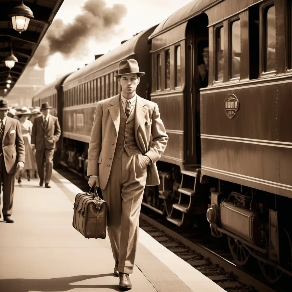 Prompt: A guy in the 1950s getting off a train