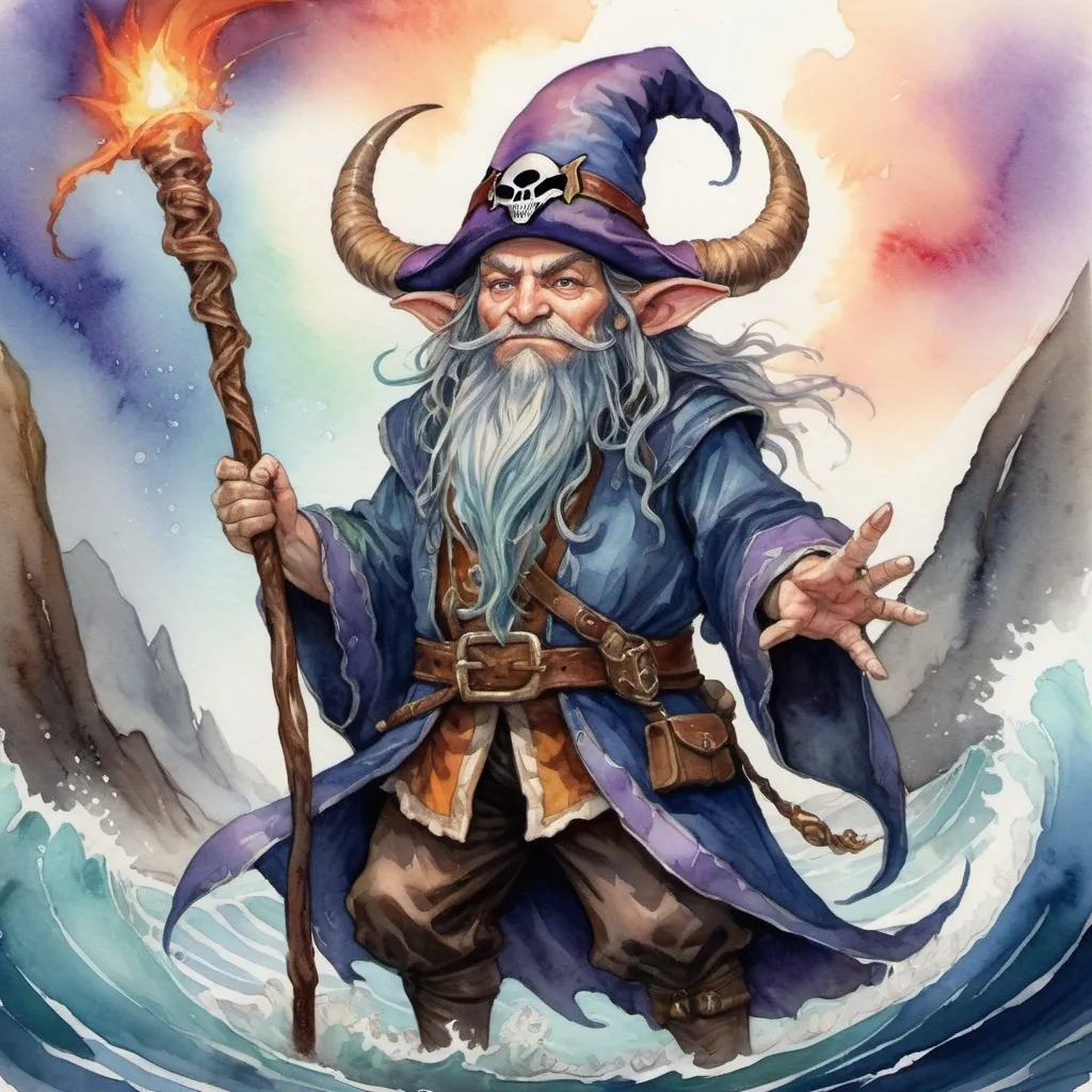 Prompt: watercolor painting. realistic rpg creature. pirate flag in background. Halfling Sorcerer of White Draconic Ancestry. Pirate. Wizard Hat, Horns, and Staff.