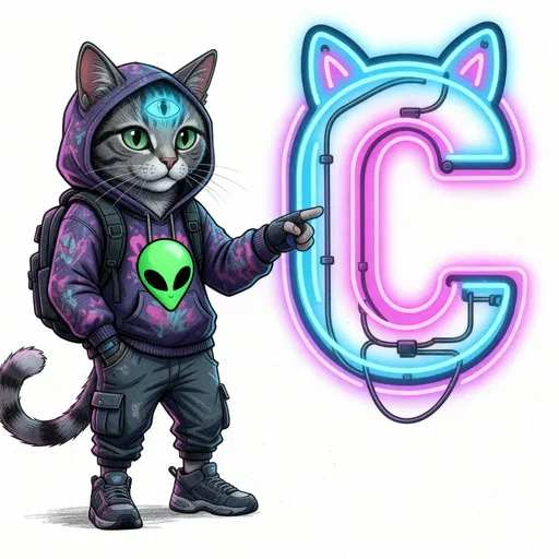 Prompt: Make a typical green alien face on his hoodie jacket the alien matches the same style as the rest of the image make it blend 