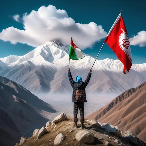 Prompt: Person on top of mountain, proudly holding a real Iranian flag, majestic peaks in the background, vibrant colors of the flag contrasting with the rugged landscape, cool blue sky overhead, soft white clouds drifting by, a sense of triumph and freedom in the air, ultra-detailed, cinematic perspective, capturing the awe-inspiring beauty of nature and human spirit.