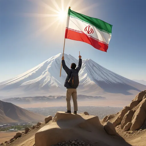 Prompt: Photorealistic image of a person standing triumphantly on top of a towering mountain, holding a realistically proportioned Iranian flag high in one hand. The background features the majestic Mount Damavand, bathed in warm golden sunlight against a clear blue sky. The atmosphere is inspirational and uplifting, capturing a sense of achievement and natural grandeur, ultra-detailed, high resolution.