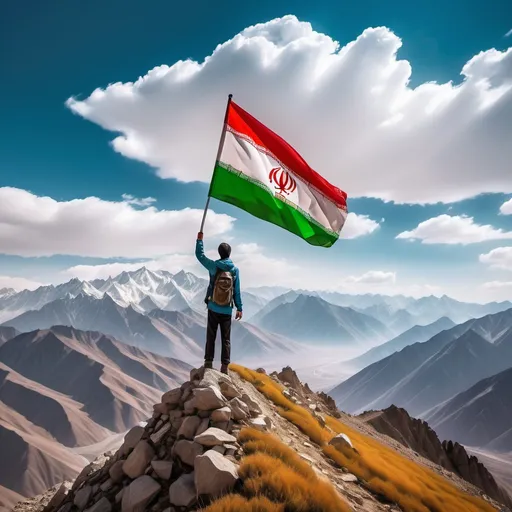 Prompt: Person on top of mountain, proudly holding a real Iranian flag, majestic peaks in the background, vibrant colors of the flag contrasting with the rugged landscape, cool blue sky overhead, soft white clouds drifting by, a sense of triumph and freedom in the air, ultra-detailed, cinematic perspective, capturing the awe-inspiring beauty of nature and human spirit.