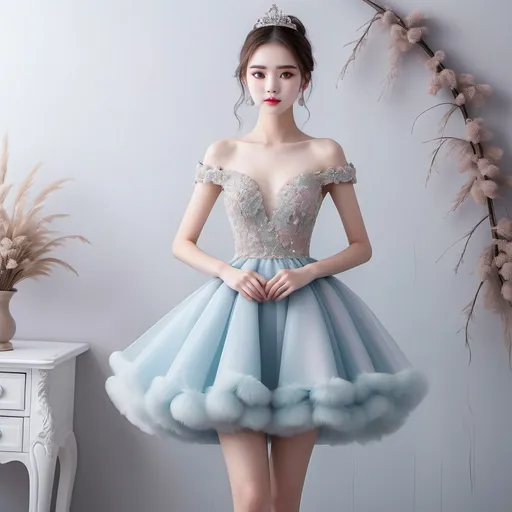 Prompt: Design a unique short prom dress with fluffy princess like bottom on the themes immortal, shine , emotion all in one 