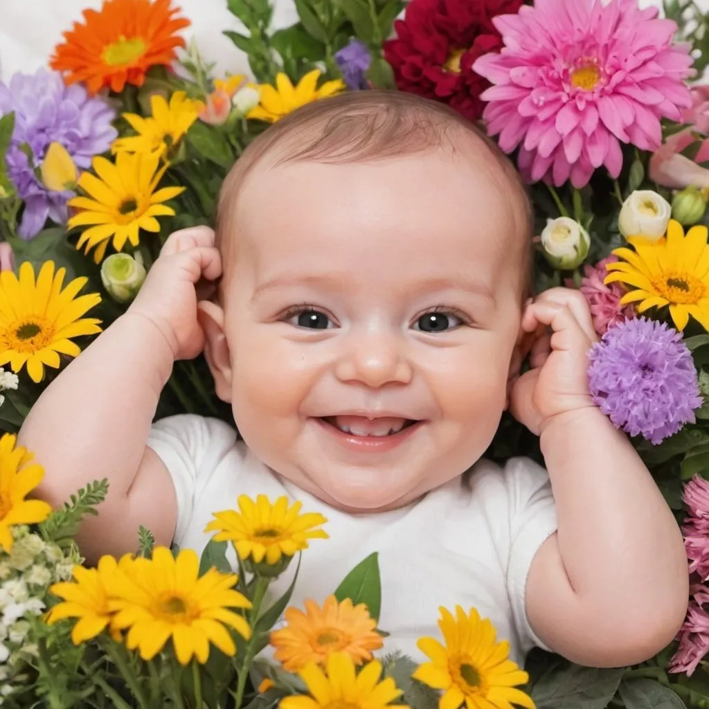 Prompt: Smiling baby with lot of flowers around 