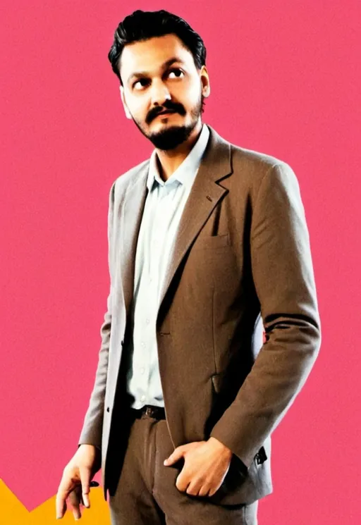 Prompt: a man with a beard and a mustache standing in front of a pink background with yellow and orange rays, Cristache Gheorghiu, pop art, comic book, a pop art painting