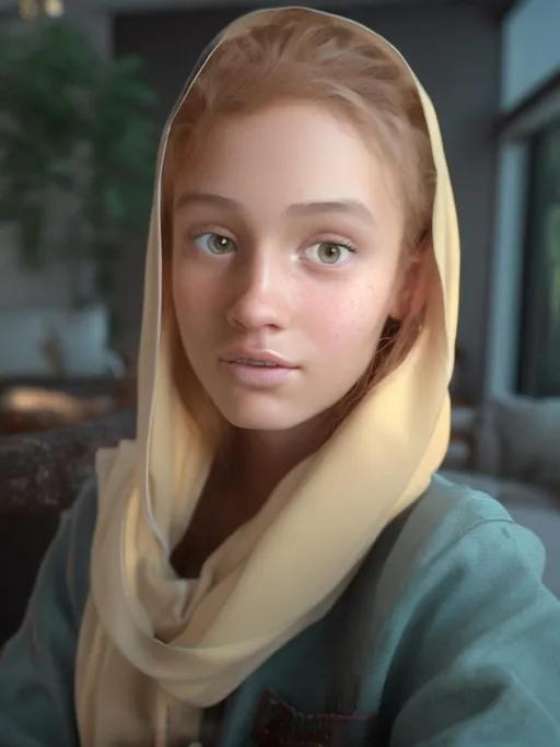 Prompt: High-quality, realistic 3D rendering of a 15-year-old girl, modern real estate setting, detailed facial features, natural lighting, warm tones, contemporary fashion, vibrant and spacious living room, stylish furniture, cozy atmosphere, youthful vibe, happy and relaxed expression, 4k, ultra-realistic, 3D rendering, modern, realistic lighting, detailed face, modern fashion, warm tones, spacious living room