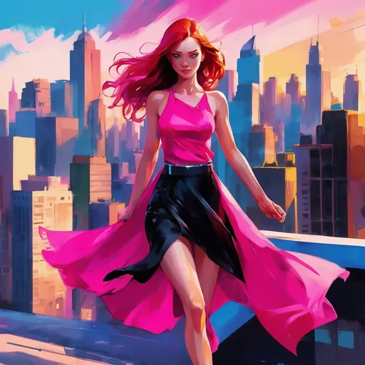 Prompt: A charming superhero girl, fiery red hair flowing dramatically, a black skirt swaying gracefully, and a vibrant pink dress accentuating her youthful energy. Bright and bold color palette, dynamic pose embodying confidence and strength, set against a striking city skyline in a whimsical, dreamy atmosphere. Ultra-detailed, high quality, vibrant and lively ambiance depicting heroism and charm.