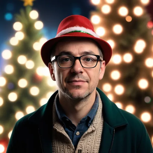 Prompt: a man wearing glasses and a hat with a blurry background of lights behind him and a christmas tree, Bernard Accama, rayonism, vfx, a picture