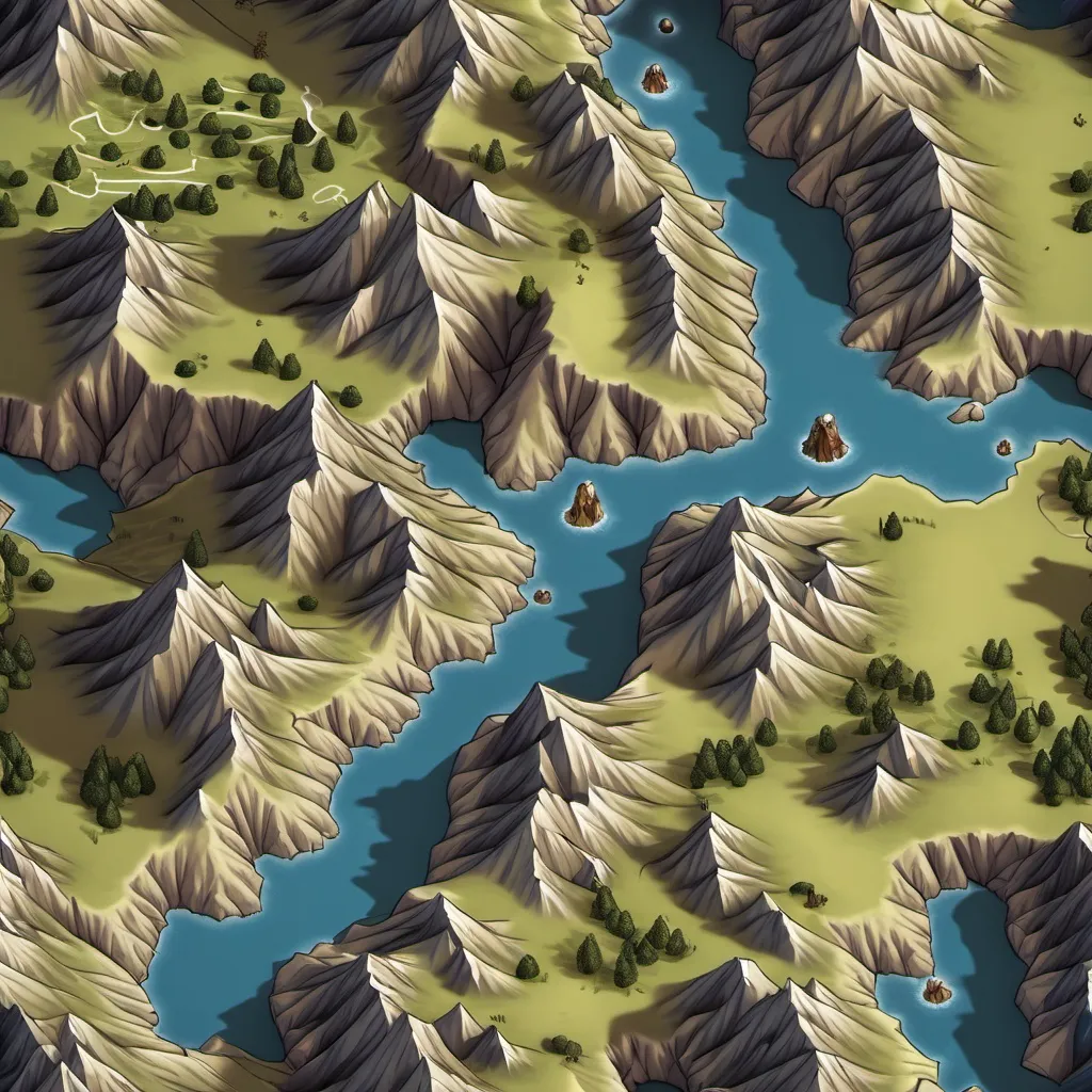 Prompt: A top-down map of mountains, 2d dnd battlemap, highly details, 8k
