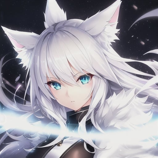 Prompt: White-haired cat girl, digital painting, detailed fur with cool reflections, intense and focused gaze, highres, anime, cool tones, detailed eyes, fantasy, professional, atmospheric lighting
