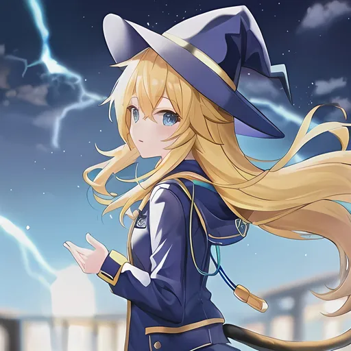 Prompt: Yellow hair,cat girl, lightning tail,blue jacket,headphones on, with witchhat on