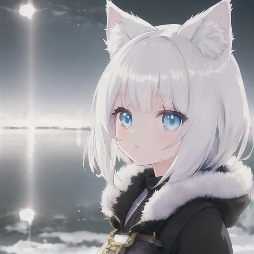 Prompt: White-haired cat girl, digital painting, detailed fur with cool reflections, intense and focused gaze, highres, anime, cool tones, detailed eyes, fantasy, professional, atmospheric lighting