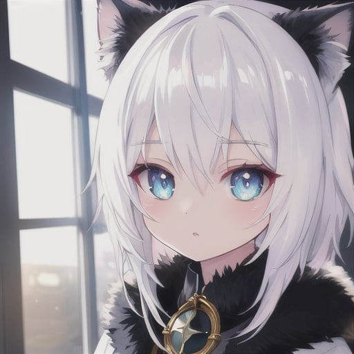 Prompt: White-haired cat girl, digital painting, detailed fur with cool reflections, intense and focused gaze, highres, anime, cool tones, detailed eyes, fantasy, professional, atmospheric lighting
