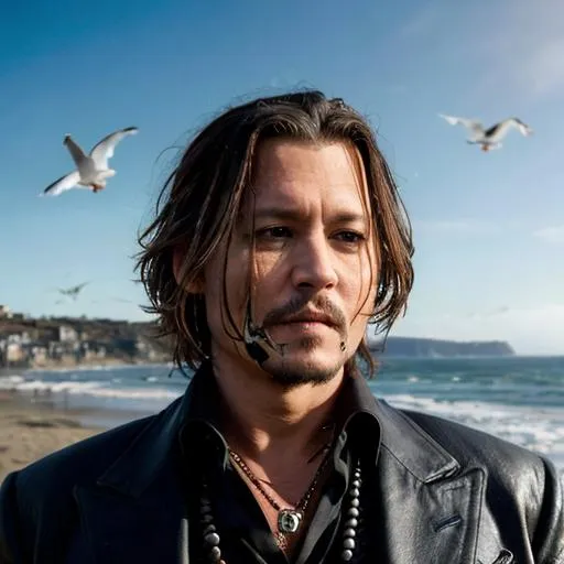 Prompt: cinematic image, [hyper realistic] Johnny Depp's face, sea and seagulls in the background. Hyper-realistic image with full face view. from 8k.