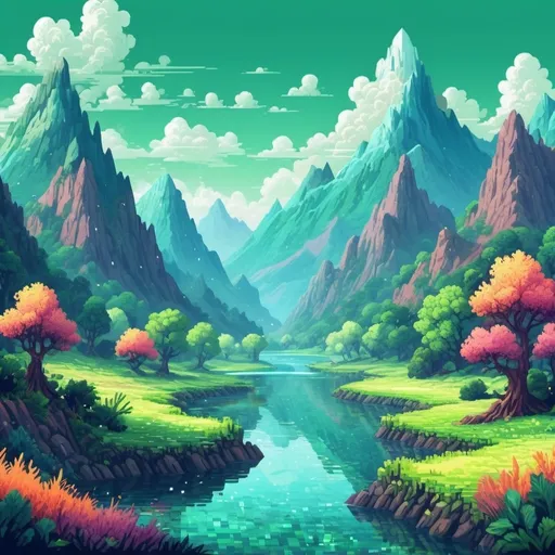 Prompt: (pixel art style), (surreal mountains), vibrant colors, crystal-clear river flowing through the landscape, whimsical shapes and patterns, ethereal atmosphere, high contrast between sky and terrain, dreamlike scenery, lush greenery surrounding the riverbanks, intriguing textures, surrealist influences, captivating composition, ultra-detailed elements, imaginative artistry, perfect for a digital canvas.