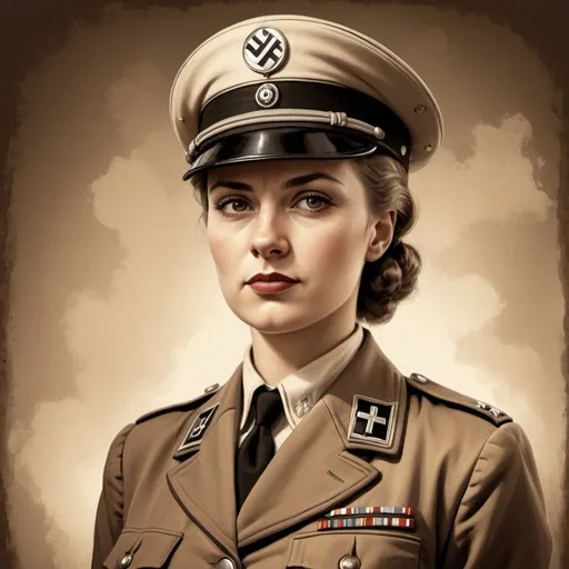 Prompt: Vintage style illustration of a confident Nazi woman, sepia tones, World War II era setting, military uniform with crisp details, stern expression, historical accuracy, vintage illustration, detailed uniform, confident stance, antique, historical, authoritative lighting