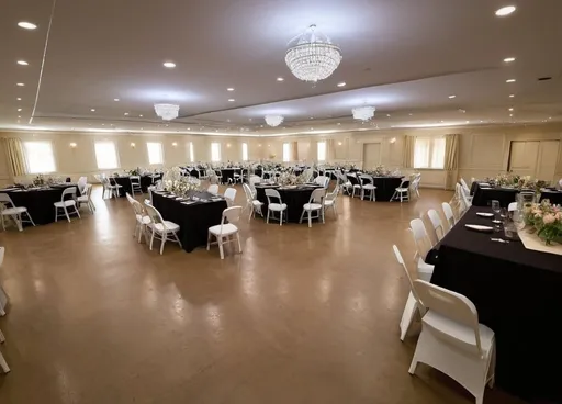 Prompt: As an event planner, generate a rendition for a 35ft square room meant to host 50 seats where 7seats are set apart to be a high table in any sitting arrangement other than horse shoe
