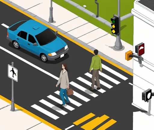 Prompt: I want a pedestrian detection system image. The image should have a crosswalk and a trafficlight. on the traffic light there will be a small box that is the pedestrian detection box. I want a pedestrian crossing the crosswalk and a car approaching the crosswalk