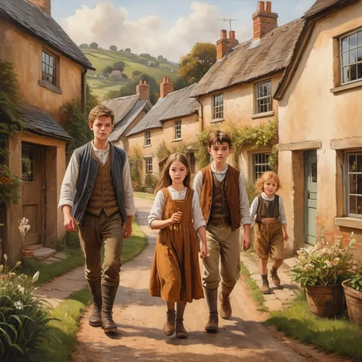 Prompt: Theo, Lily, and Finn departing from a bustling village, tranquil countryside landscape, oil painting, warm and earthy tones, detailed facial features, high quality, realistic, serene, tranquil, countryside, oil painting, warm tones, detailed faces, peaceful atmosphere