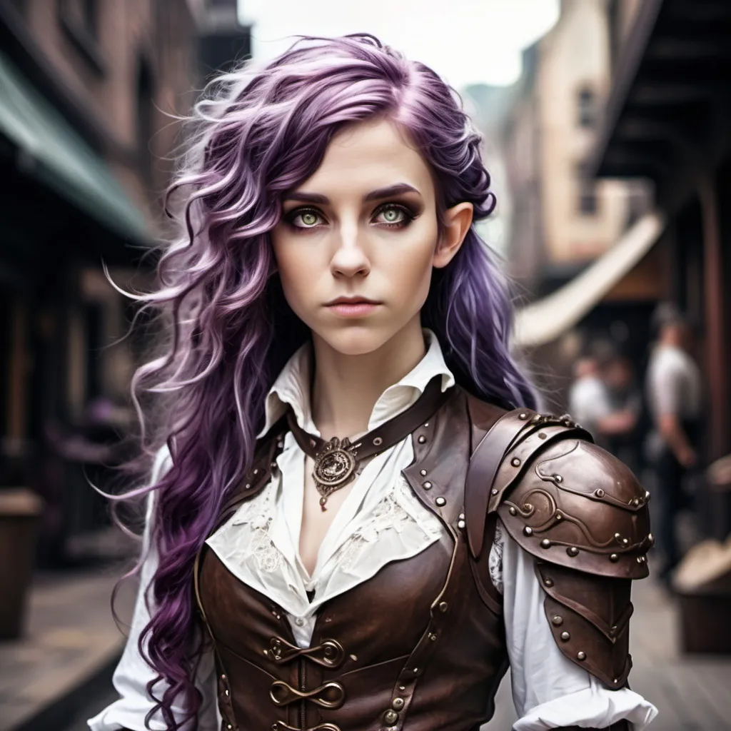 Prompt: Female elf, purple hair, side cut; very long hair and curly, wearing a worn out brown leather armor and white shirt with lace, melancholic, grown up in the street of old steampunk city, eyes glowing with mana