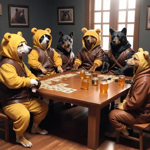 Prompt: A bunch of dogs sitting around playing the honey heist RPG wearing bear outfits