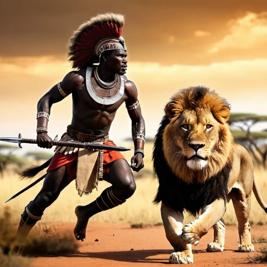 Prompt: African warrior hunting with a lion
