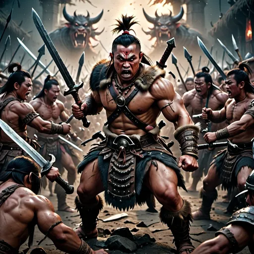 Prompt: (asian barbarian in action), holding swords in each hand, (dynamic pose) facing away, preparing for battle, surrounded by an overwhelming horde of grotesque demons, dramatic tension, dark and fierce atmosphere, vivid colors contrasting against the shadows, (highly detailed) background depicting chaotic battlefields, epic fantasy setting, (4K resolution) for enhanced visual impact.