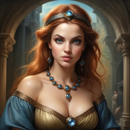 Prompt: stunningly beautiful female enchantress appears to fable , detector background, by Andrea del Sarto, by Meghan Duncanson, highly detailed, timeless, ultra realistic, 8k, vibrant, eye-catching, mesmeric, pretty, alluring, award winning, spectacular, very attractive, perfect, lovely, very stylish, dazzling, charming, very beautiful, elegant, heavenly