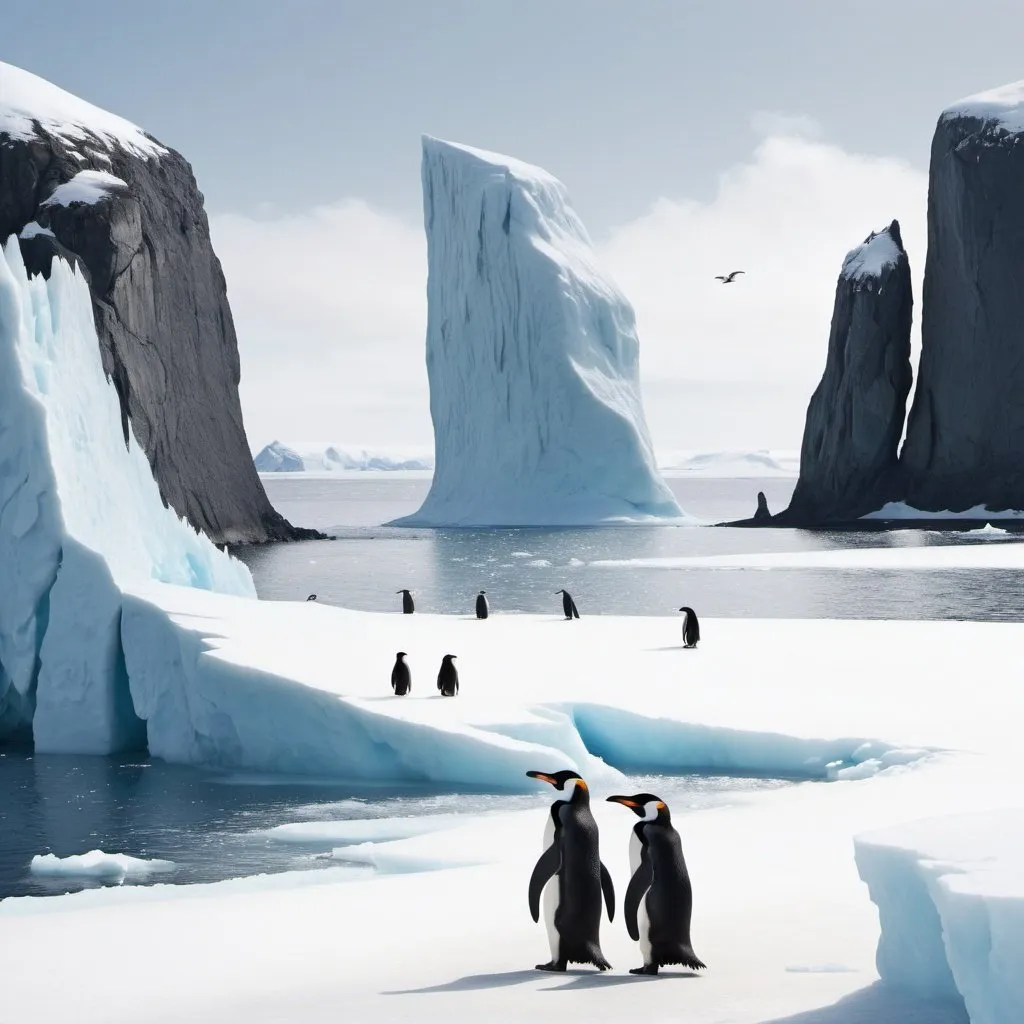 Prompt: the background is a large cold ice island. On the left there is standing a women with her face to the left of the page. She is skinny not strong. On the right there is a men looking to the women. He is also very skinny. On the island there are pinguins and birds.