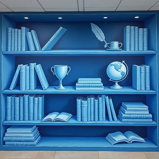 Prompt: create a monocromatic blue mural for a public high school library of a book shelf with a globe, a trophy, and a feather writing quill, and books

