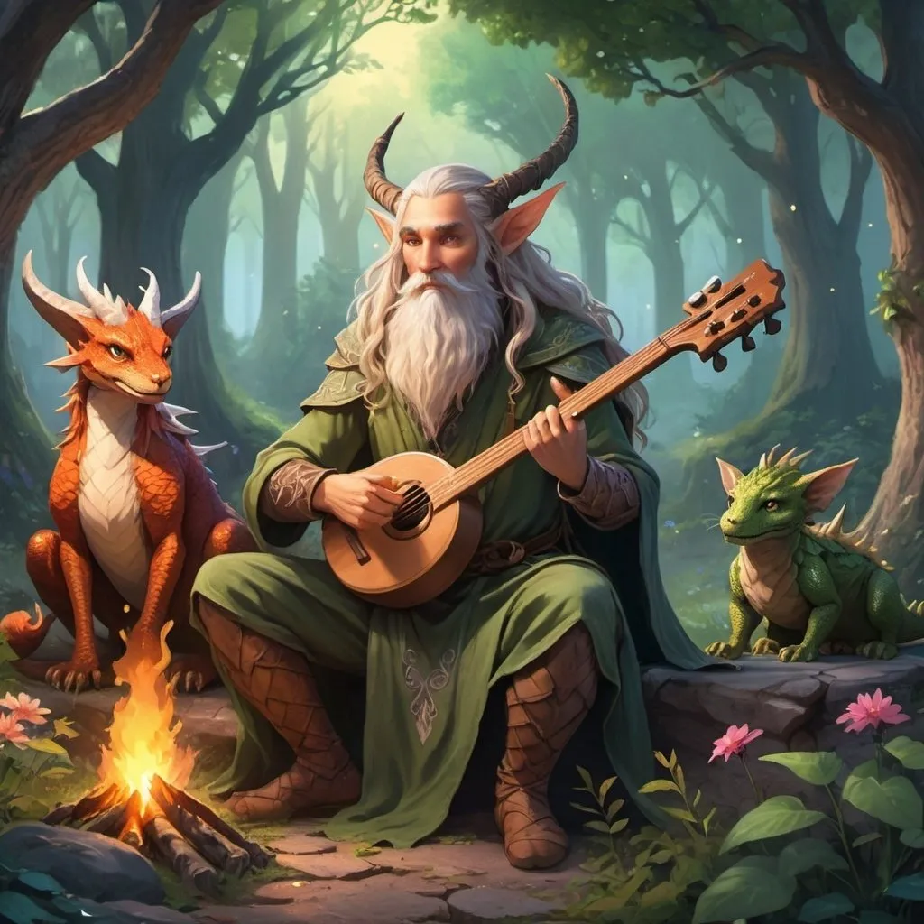 Prompt: A magical and mysterious scene set on a forest hill overlooking a small town at dawn. Three characters sit around a glowing campfire. The first character is a human-dragon wizard with scales, horns, and a reptilian tail, wearing a flowing robe adorned with mystical symbols, and holding a staff with a glowing crystal. The second character is a dwarf druid with a long beard intertwined with leaves and flowers, wearing earthy, nature-inspired clothing, and holding a wooden staff wrapped with a living vine. The third character is an elven bard with pointed ears, flowing hair, and elegant, colorful garments, holding a beautifully crafted lute. The forest is dense and lush, with the first light of dawn casting a serene and mystical atmosphere. Shafts of light break through the canopy, adding to the magical ambiance.