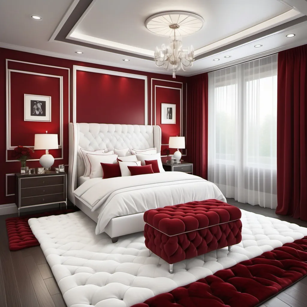 Prompt: "Create an ultra-realistic image of a luxurious bedroom featuring a deep red and white color scheme. The room should have a modern, elegant design with a white tufted headboard, plush red bedding, and matching pillows. Include a red velvet area rug, white polished tile floors, and floor-to-ceiling curtains in rich red with sheer white inner curtains. The ceiling should feature a decorative, heart-shaped chandelier and intricate molding with soft, ambient lighting that enhances the room's opulent feel."