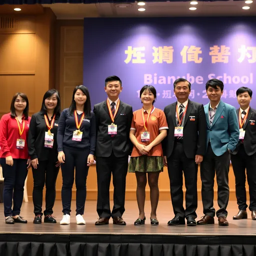 Prompt: a group of people standing on a stage with medals around their necks and numbers on their shirts and ties, Bian Jingzhao, danube school, award, a picture