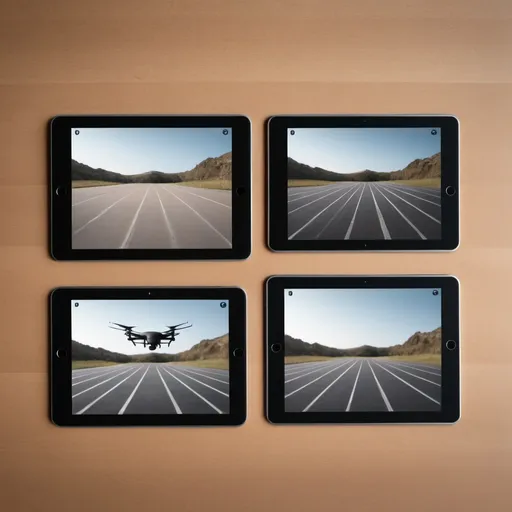 Prompt: 4 tablet screen lying on table, front shot, each screen lying horizontally, no overlapping, each screen in each quadrant of image, drone shot from above, close up shot, each screen of equal size.