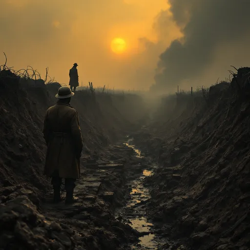 Prompt: World war 1 trench,dark and dramatic with orange sky