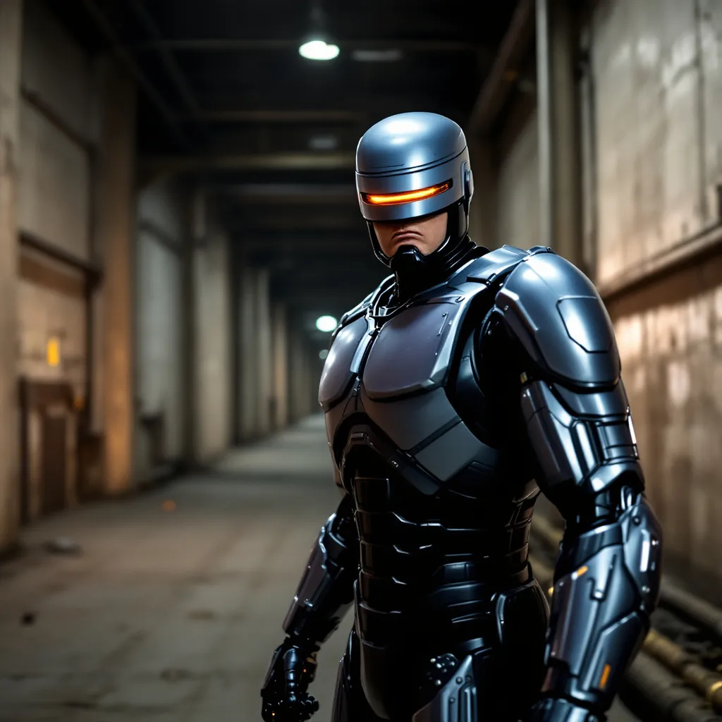 Prompt: Close up of RoboCop in a Environmental hdr lighting inside an empty vast industrial building