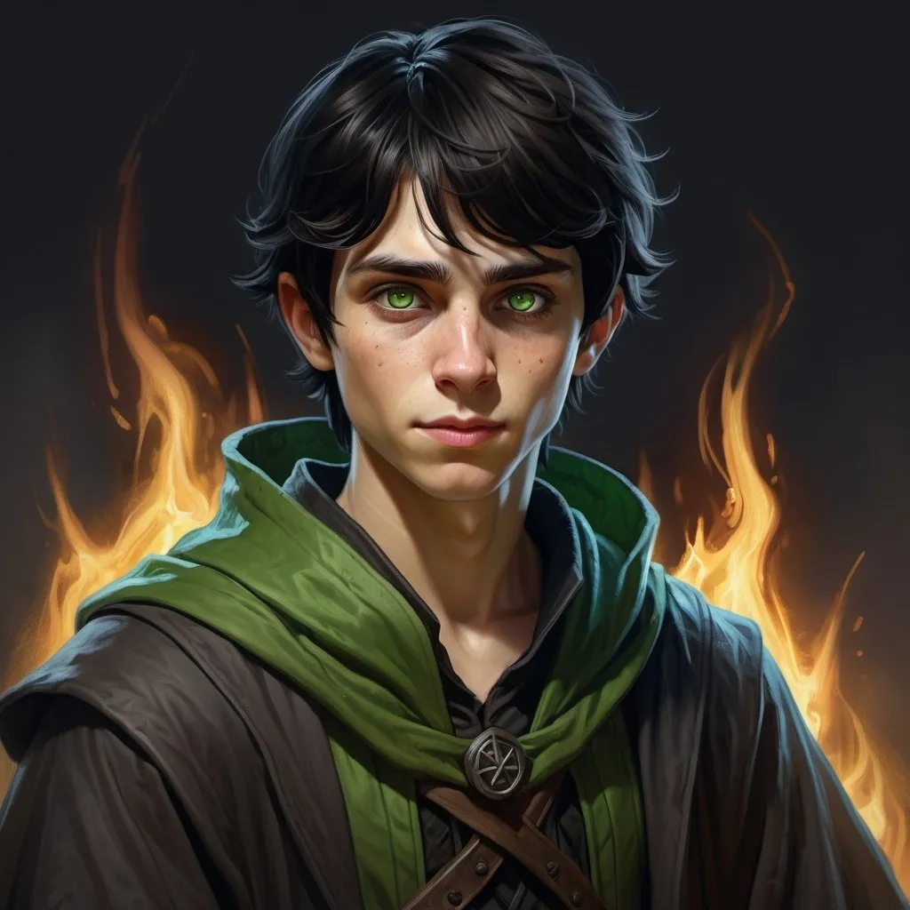 Prompt: hyper-realistic sketch   - male Young human wizard necromancer with short unkempt black hair, piercing green eyes, and fair  skin, mole on left cheek black clothes, dungeons & dragons art, fantasy character art, illustration, dnd, warm tone