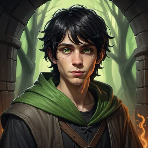 Prompt: hyper-realistic sketch   - male 24 year old human wizard necromancer with short unkempt black hair, piercing green eyes, and fair  skin, mole on left cheek black clothes, dungeons & dragons art, fantasy character art, illustration, dnd, warm tone