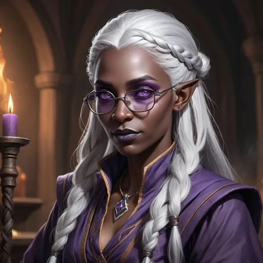 Prompt: hyper-realistic sketch   - female Drow dark-elf warlock, coal colored skin, Long silver hair tied in a neat braid, intense violet eyes behind spectacles, dressed in scholarly robes, dungeons & dragons art, fantasy character art, illustration, dnd, warm tone