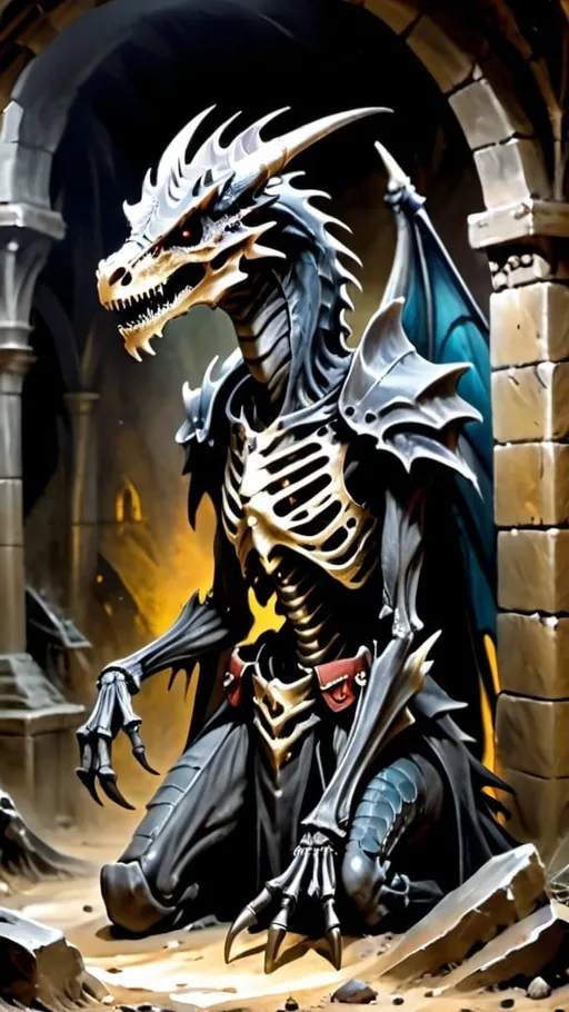 Prompt: hyper-realistic sketch   - undead skeletal black dragon lich, living inside a ruined treasure chamber underground dungeons & dragons art, fantasy character art, illustration, dnd, warm tone