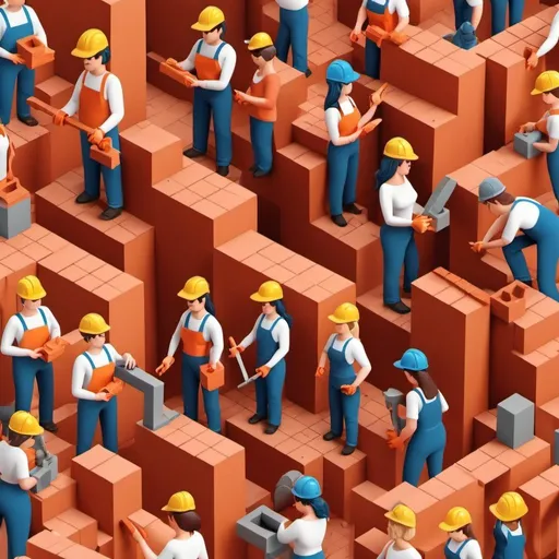 Prompt: 3D vector illustration of different people of all genders working with different bricklayer tools, warm colors