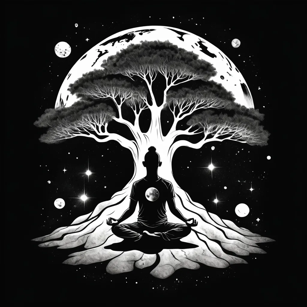 Prompt: A Yogi meditating under a tree on a chunk of earth floating through space, ink Tshirt design