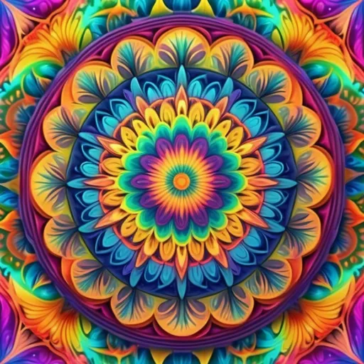 Prompt: (organic mandala), vibrant colors of the rainbow, (circular design), intricate patterns, flowing shapes, harmonious composition, (highly detailed), spiritual ambiance, (soft gradients), dynamic symmetry, visually captivating, kaleidoscopic effects, lush textures, meditative atmosphere, 4K quality, suitable for relaxation and mindfulness.