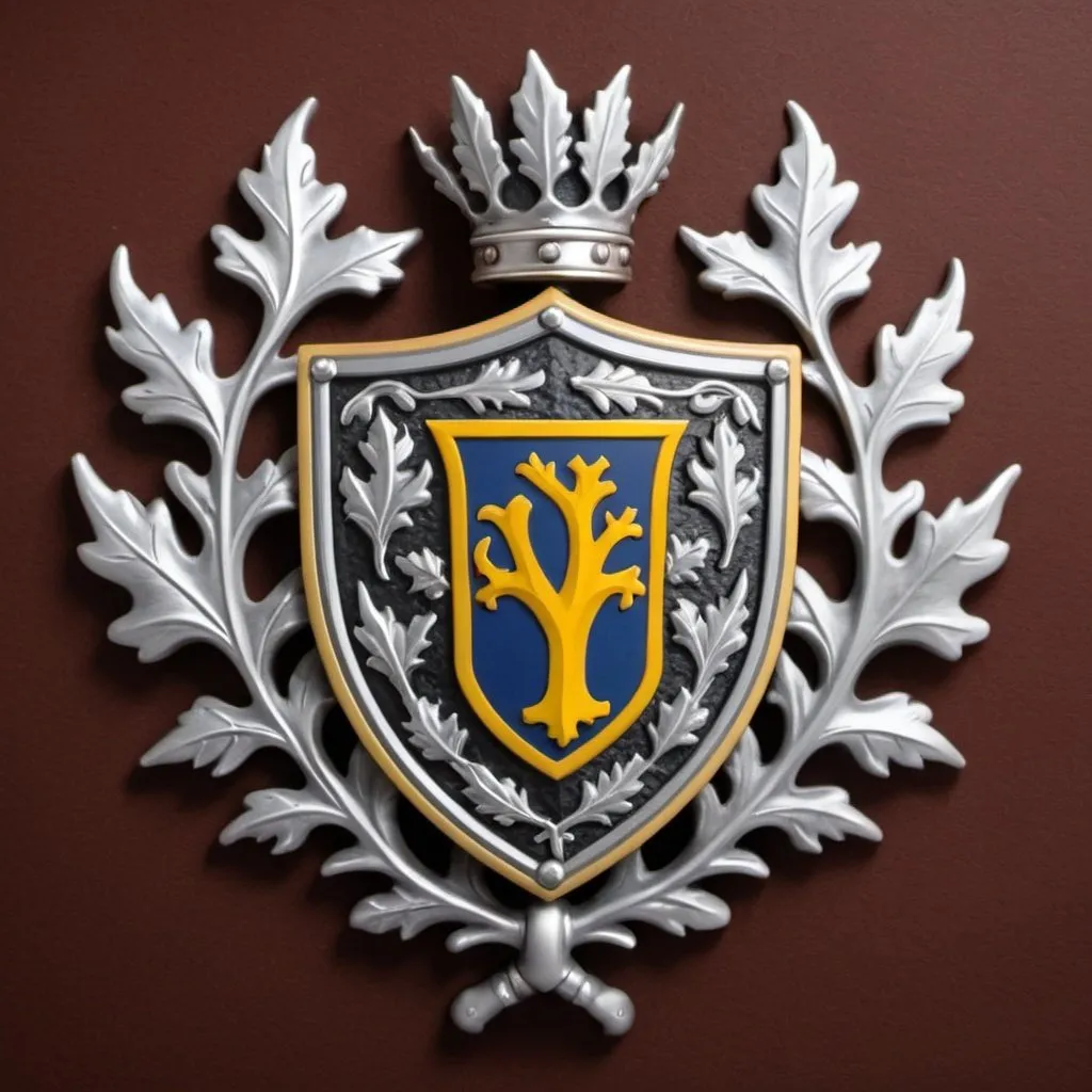 Prompt: Knight crest with a Y and silver oak leaf